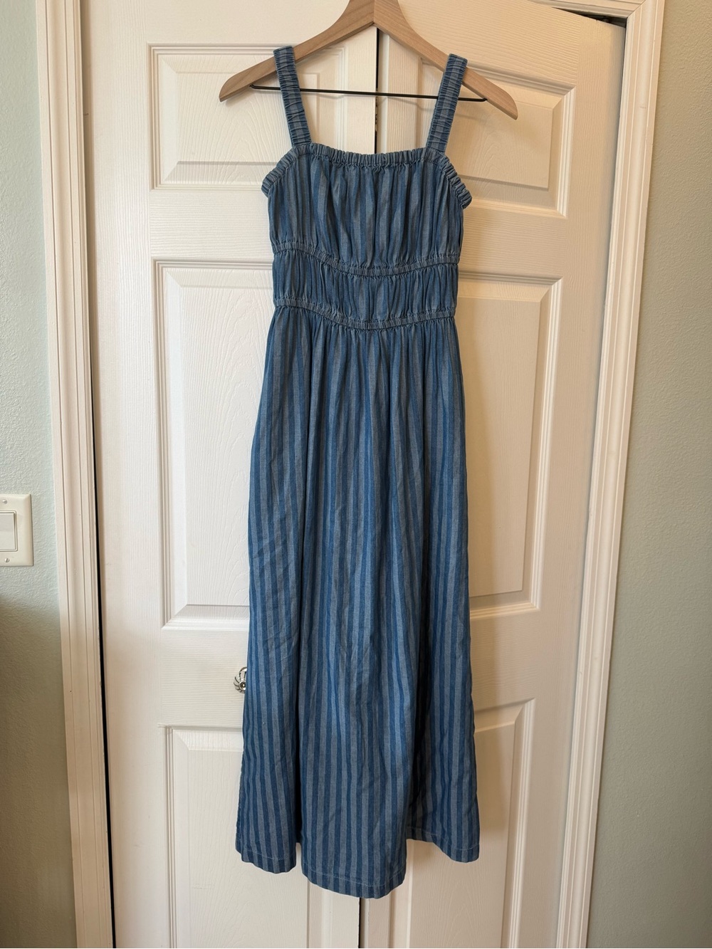 Lea Cotton Midi Dress Blue Striped Sleeveless Tiered Sundress Medium